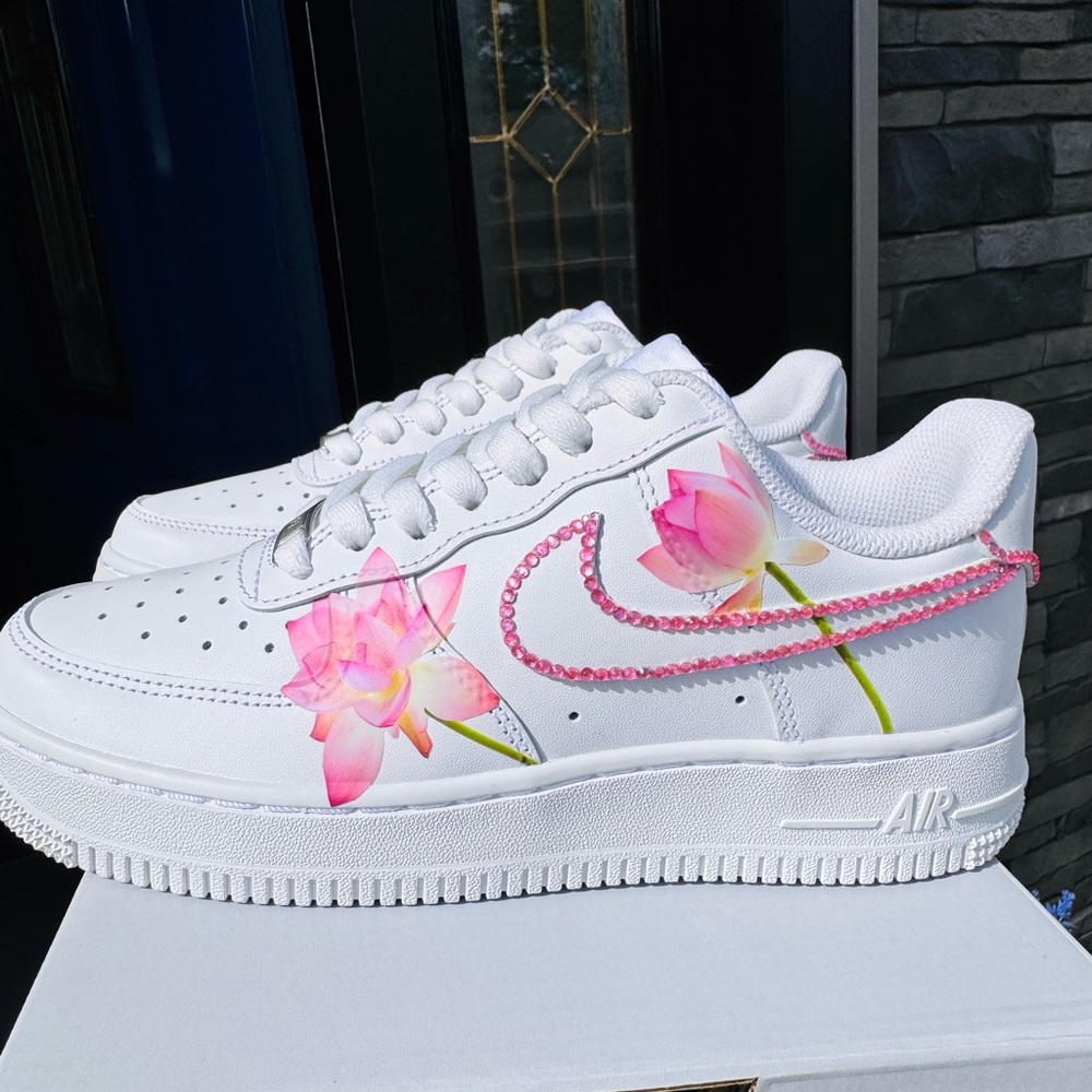 Custom Nike Air Force 1 – Pink Lotus & Rhinestones – Any Size